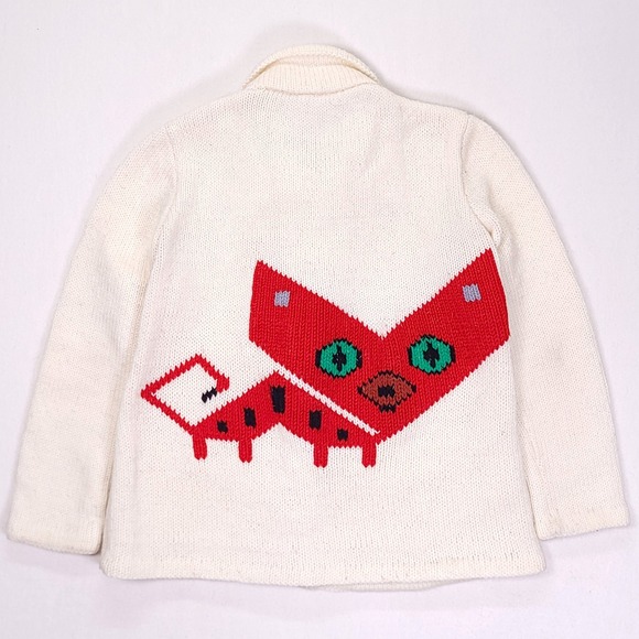 Handmade Sweaters - Handmade Vintage Abstract Cat Intarsia Knit Cardigan Sweater Cream Large OOAK